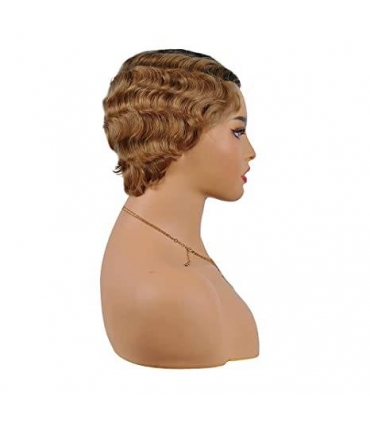 کلاه گیس (پوستیژ) زنانه کوتاه پیکسی حالت دار مشکی قهو ه ای روشن موی طبیعی انسان Wave Pixie Cut