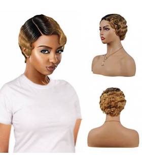 کلاه گیس (پوستیژ) زنانه کوتاه پیکسی حالت دار مشکی قهو ه ای روشن موی طبیعی انسان Wave Pixie Cut