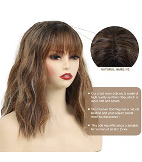 کلاه گیس (پوستیژ) زنانه باب چتری دار مجعد هایلالیت دار قهو ه ای بلوندSEVENCOLORS Short Brown Bob Wigs
