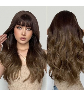 کلاه گیس (پوستیژ) زنانه بلند حالت دار جلو چتری قهوه ای طبیعی هایلایت دار Natural Highlights Brown Hair Wigs