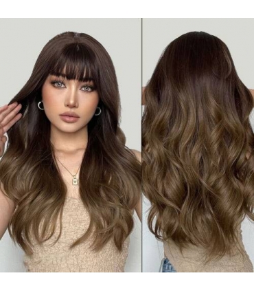 کلاه گیس (پوستیژ) زنانه بلند حالت دار جلو چتری قهوه ای طبیعی هایلایت دار Natural Highlights Brown Hair Wigs