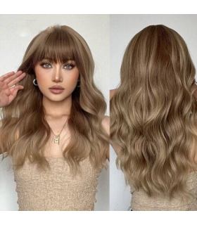 کلاه گیس (پوستیژ) زنانه بلند حالت دار چتری عسلی هایلایت دار Natural Highlights Brown Hair Wigs