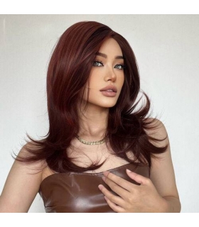 کلاه گیس (پوستیژ) زنانه لیر متوسط ماهگونی شرابی هایلایت دار 20 inch Soft Hair Wigs with Side Bangs