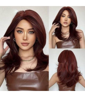 کلاه گیس (پوستیژ) زنانه لیر متوسط ماهگونی شرابی هایلایت دار Hair Wigs with