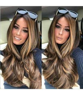 کلاه گیس (پوستیژ) زنانه بلند حالت دار موج دار قهوه ای هایلایت بلوند Golden Brown Wig