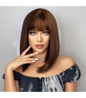 کلاه گیس (پوستیژ) زنانه مصری باب چتری دار متوسط قهوه ای طبیعی Dark Brown Wigs