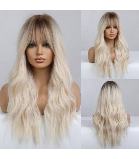 کلاه گیس (پوستیژ) زنانه بلند حالت دار جلو چتری بلوند پلاتینه ریشه تیره Platinum Blonde Wigs
