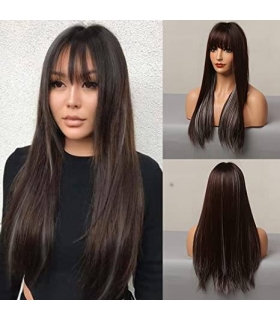 کلاه گیس (پوستیژ) زنانه باشا بلند لخت مشکی با هایلایت خاکستری چتری دار BASHA Hightlight Straight Wig