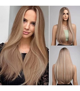 کلاه گیس (پوستیژ) زنانه بلند قهوه ای هایلایت دار لخت Straight Wig