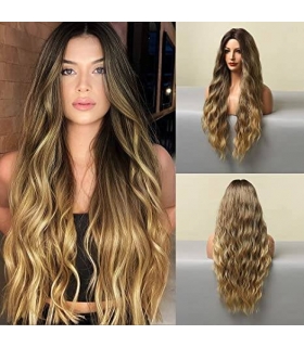 کلاه گیس (پوستیژ) زنانه فرفری بلند قهوه ای بلوند هایلایت دار آمبره Wavy Curly Wig