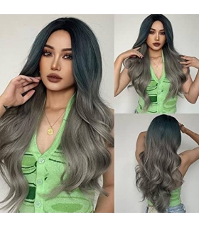 کلاه گیس (پوستیژ) زنانه باشا بلند موج دار فرق وسط آمبره مشکی هایلایت سبز خاکستری BASHA Wavy Full Wig