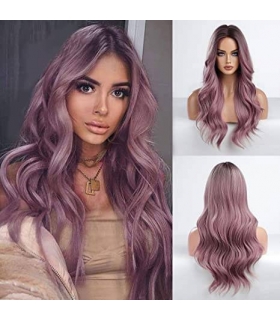 کلاه گیس (پوستیژ) زنانه بلند مواج حالت دار بنفش صورتی Long Wavy Wig