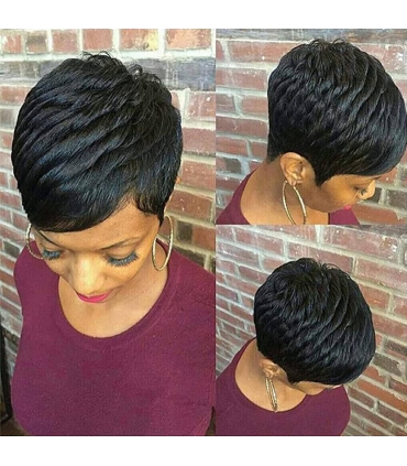 کلاه گیس (پوستیژ) زنانه موی طبیعی انسان پیکسی پسرانه کوتاه مشکی حالت دار لایه ای Human Short Pixie Cut Wig