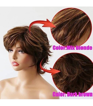 کلاه گیس (پوستیژ) زنانه کوتاه پیکسی قهوه ای روشن هایلایت دار