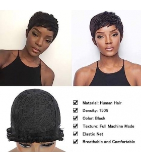 کلاه گیس (پوستیژ) زنانه موی طبیعی انسان کوتاه پیکسی مشکی hort Pixie Cut Wig