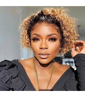 کلاه گیس (پوستیژ) زنانه موی طبیعی انسان کوتاه مجعد آمبره مشکی بلوند Pixie Cut Wig Human Hair