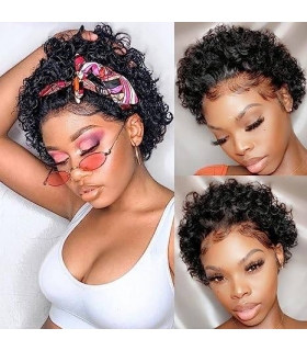کلاه گیس (پوستیژ) زنانه موی طبیعی انسان کوتاه مشکی فرفری Pixie Cut Wig Human
