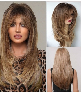 کلاه گیس (پوستیژ) زنانه لیر بلند چتری دار آمبره قهوه ای بلوند Long Layered Ombre Brown wig