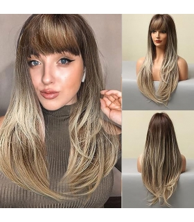 کلاه گیس (پوستیژ) زنانه بلند آمبره قهوه ای بلوند لخت چتری دار Straight Synthetic Wigs