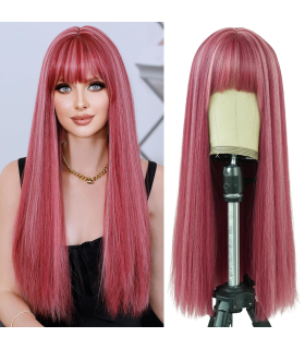 کلا گیس (پوستیژ) زنانه بلند لخت چتری دار صورتی هایلایت دار Long Straight Wig with Bangs Pink Wig