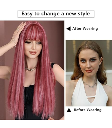 کلا گیس (پوستیژ) زنانه بلند لخت چتری دار صورتی هایلایت دار Long Straight Wig with Bangs Pink Wig