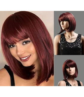 کلاه گیس (پوستیژ) زنانه باب متوسط و لخت چتری دار ماهگونی Oblique Bangs Hair Wig