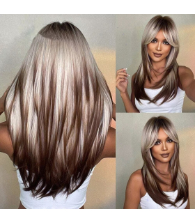 کلاه گیس (پوستیژ) زنانه لیر بلند چتری دار قهوه ای بلوند Brown Highlights Wigs
