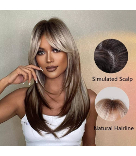 کلاه گیس (پوستیژ) زنانه لیر بلند چتری دار قهوه ای بلوند Brown Highlights Wigs
