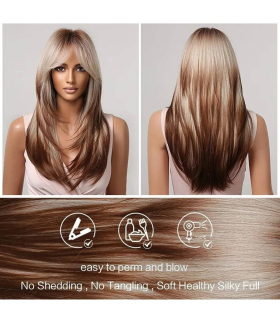 کلاه گیس (پوستیژ) زنانه لیر بلند چتری دار قهوه ای بلوند Brown Highlights Wigs