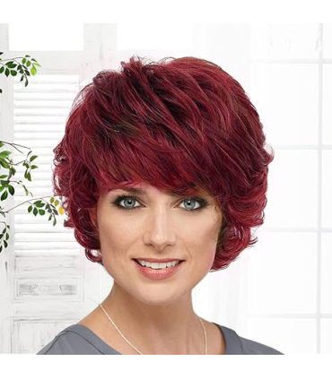 کلاه گیس (پوستیژ) زنانه کوتاه لیر حالت دار چتری رنگ شرابی Wine Red Wig