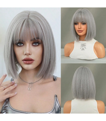 کلاه گیس (پوستیژ) زنانه مصری باب کوتاه جلو چتری دار خاکستری Bob Wig