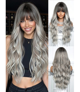 کلاه گیس (پوستیژ) زنانه بلند حالت دار جلو چتری و موج دار آمبره مشکی خاکستری