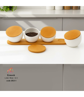 پاسماوری و ظرف ست ادویه چوبی و سرامیک ارمیک گرد ermeek ER211