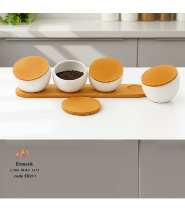 پاسماوری و ظرف ست ادویه چوبی و سرامیک ارمیک گرد ermeek ER211